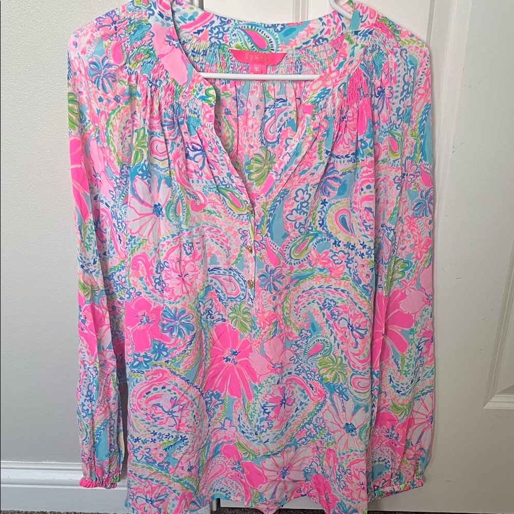 Lilly Pulitzer Vibrant Pink and Blue Paisley Blouse